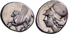 GRIECHISCHE MÜNZEN GRIECHISCHE MÜNZEN, GRIECHISCHES MUTTERLAND, KORINTH UND SEINE KOLONIEN, KORINTH. Stater. 4. Jh. v. Chr. Pegasos l. Rs: Athenakopf mit korinthischem Helm l. Beizeichen großteils auß