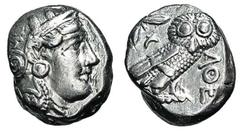 ATHEN. Tetradrachme. 393-295. Behelmter Athenakopf r. Rs: Eule r., dahinter Olivenzweig und Mondsichel. SNG COP. 63 ff. Svoronos Taf. 19-32. 17,07g. Ovaler Schrötling. Gereinigt. ss