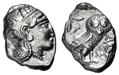 ATHEN. Tetradrachme. 393-295. Behelmter Athenakopf r. Rs: Eule r., dahinter Olivenzweig und Mondsichel. SNG COP. 63 ff. Svoronos Taf. 19-32. 17,09g. Spitzovaler Schrötling. Gereinigt. gutes ss