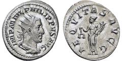 RÖMISCHE MÜNZEN, RÖMISCHES KAISERREICH PHILIPPUS I. ARABS. 244-249, Antoninian. Drapierte und gepanzerte Büste mit Strahlenkrone r. Rs: Aequitas steht l. mit Waage und Füllhorn. C. vgl. 9. R.I.C. 27 b