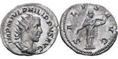 RÖMISCHE MÜNZEN, RÖMISCHES KAISERREICH PHILIPPUS I. ARABS. 244-249, Antoninian. Drapierte und gepanzerte Büste mit Strahlenkrone r. Rs: Salus steht r., füttert eine Schlange, die sie auf dem Arm hält.