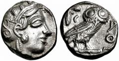 GRIECHISCHE MÜNZEN ATTIKA ATHEN. Tetradrachme. Behelmter Athenakopf r. Rs: Eule r., dahinter Olivenzweig und Mondsichel. SNG COP. 32 ff. Svoronos Taf. 12-16. 16.99g. Hohes Relief. vz