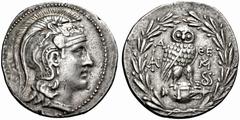 GRIECHISCHE MÜNZEN ATTIKA ATHEN. Tetradrachme. 184/183. Athenakopf mit attischem Helm r. Rs: Eule sitzt r. auf Amphora. Beizeichen 2 Schlangen r. Alles in Kranz. Thompson 78. 16.93g. fast vz