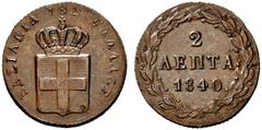 GEPRÄGE DES AUSLANDES GRIECHENLAND Othon von Bayern. 1832-1862 Athen. 2 Lepta 1840 ohne Mzz. (Stempel von Konrad Lange). Gekrönter Landesschild, im Zentrum der bayerische Rautenschild. Rs: 3 Zeilen We