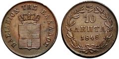 GEPRÄGE DES AUSLANDES GRIECHENLAND Othon von Bayern. 1832-1862 Athen. 10 Lepta 1848 ohne Mzz. (Stempel von Konrad Lange). BASILEION THS ELLADOS Gekrönter Landessschild, im Zentrum bayerischer Rautensc