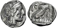 GRIECHISCHE MÜNZEN GRIECHISCHES MUTTERLAND ATTIKA ATHEN Tetradrachme. 479-404. Behelmter Athenakopf r. Rs: Eule r., dahinter Olivenzweig und Mondsichel. SNG COP. 32 ff. Svoronos Taf. 12-16. 16.89g. Ho