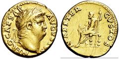 RÖMISCHE MÜNZEN RÖMISCHES KAISERREICH NERO. 54-68 Aureus. NERO CAESAR AVGVSTVS Belorbeerter Kopf r. Rs: IVPPITER CUSTOS Jupiter thront l. mit Blitz und Zepter. C. 118. R.I.C. 52. Calico 412. 7.32g. Rs