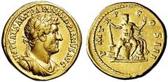 RÖMISCHE MÜNZEN RÖMISCHES KAISERREICH HADRIANUS. 117-138 Aureus. IMP CAESAR TRAIAN HADRIANVS AVG Belorbeerte, drapierte und gepanzerte Büste r. Rs: P M TR P COS III Hercules sitzt frontal, mit Keule u