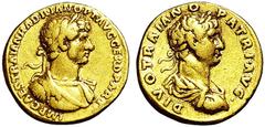 RÖMISCHE MÜNZEN RÖMISCHES KAISERREICH HADRIANUS UND DIVUS TRAIANUS Aureus. IMP CAES TRAIAN HADRIAN OPT AVG GER D PART Belorbeerte, drapierte und gepanzerte Büste des Hadrian r. Rs: DIVO TRAIANO PATRI 