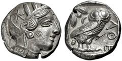 GRIECHISCHE MÜNZEN, GRIECHISCHES MUTTERLAND, ATTIKA, ATHEN. Tetradrachme. 479-404. Behelmter Athenakopf r. Gegenstempel aramäisches Mem. Rs: Eule r., dahinter Olivenzweig und Mondsichel. SNG COP. vgl.