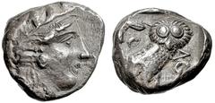 GRIECHISCHE MÜNZEN, GRIECHISCHES MUTTERLAND, ATTIKA, ATHEN. Tetradrachme. 393-295. Behelmter Athenakopf r. Rs: Eule r., dahinter Olivenzweig und Mondsichel. SNG COP. 63 ff. Svoronos Taf. 19-32. 17.05g