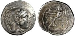 KELTEN, DONAUKELTEN, IMIT. D. TETRADR. PHILIPPOS III. Tetradrachme. Herakleskopf mit Löwenfell r. Rs: Zeus thront l. mit Adler und Langzepter. Monogramme. OTA 581, 9. Kostial 899. 16.71g, Vs. kl. Stem