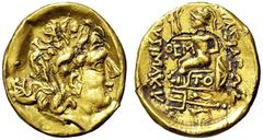 GRIECHISCHE MÜNZEN, GRIECHISCHES MUTTERLAND, KÖNIGREICH THRAKIEN LYSIMACHOS. 323-281, Hohler "AU-Stater". Nach 89 v. Chr. Alexanderkopf mit Diadem und Ammonshorn r. Rs: Athena thront l. mit Nike. Beiz