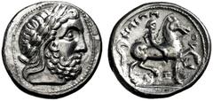 KELTEN, DONAUKELTEN, IMIT. D. TETRAD. PHILIPPOS II. Tetradrachme. Unmittelbare Nachprägung mit vollständiger Legende. Belorbeerter Zeuskopf r. Rs: Reiter mit Zweig r. Beizeichen Delphin. OTA 10, 4 var