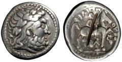 KELTEN, DONAUKELTEN, IMIT. D. TETRAD. PHILIPPOS II. Tetradrachme. Unmittelbare Nachprägung mit vollständiger Legende. Belorbeerter Zeuskopf r. Rs: Reiter mit Zweig r. Beizeichen Fackel und Delphin. OT