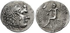 KELTEN, DONAUKELTEN, IMIT. D. TETRAD. ALEXANDERS III. Tetradrachme. Herakleskopf mit Löwenfell r. Rs: Zeus thront l. mit Adler und Langzepter. Beizeichen Helm. OTA 573, 1 var. Kostial 886 var. 16.51g,