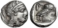 GRIECHISCHE MÜNZEN, GRIECHISCHES MUTTERLAND, ATTIKA, ATHEN. Tetradrachme. 479-404. Athenakopf mit attischem Helm r., auf dem Helmkessel Ranke und 3 Olivenblätter. Rs: Eule r., dahinter Olivenzweig und