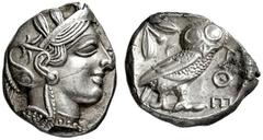 GRIECHISCHE MÜNZEN, GRIECHISCHES MUTTERLAND, ATTIKA, ATHEN. Tetradrachme. 479-404. Behelmter Athenakopf r. Rs: Eule r., dahinter Olivenzweig und Mondsichel. SNG COP. 32 ff. Svoronos Taf. 12-16. 17.12g