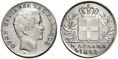 SAMMLUNG GRIECHENLAND Othon von Bayern. 1832-1862, Athen.1/2 Drachmi 1842 P r o b e (Mzz. Eule; Stempel von Heyer). O N BA I EY TH E A O Kopf des Königs r. über x Rs: Gekrönter Landesschild, im Zentru