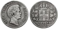SAMMLUNG GRIECHENLAND Othon von Bayern. 1832-1862, Athen.5 Drachmai 1844 (Stempel von Karl Friedrich Voigt). Kopf des Königs r. Rs: Gekrönter Landesschild, im Zentrum der bayerische Rautenschild, zwis