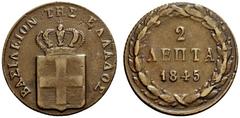 SAMMLUNG GRIECHENLAND Othon von Bayern. 1832-1862, Athen.2 Lepta 1845 ohne Mzz. (Stempel von Konrad Lange). Gekrönter Landesschild, im Zentrum der bayerische Rautenschild. Rs: 3 Zeilen Wert in Lorbeer