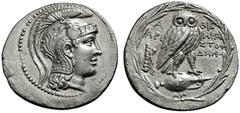 GRIECHISCHE MÜNZNE GRIECHISCHES MUTTERLAND ATTIKA ATHEN. Tetradrachme. 168/167. Athenakopf mit attischem Helm r. Rs: Eule sitzt rechts auf Amphora. Beizeichen Löwenfell über Keule und Bogen in Gorytos