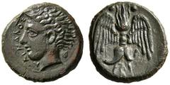 GRIECHISCHE MÜNZEN SIZILIEN KATANA. AE-15 mm. Tetras. Ca. 416-402. Kopf des Flußgottes Amenanos l. Rs: Geflügelter Blitz. 3 Wertkugeln. SNG COP. -. SNG München -. SNG ANS 1272. Schöne dunkle Patina. v