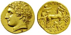 GRIECHISCHE MÜNZEN SIZILIEN SYRAKUS. Au-Drachme. 317-289. Zeit des Agathokles. Belorbeerter Apollokopf l., darunter Σ Rs: Biga mit Wagenlenker r., darunter Triskeles aus Menschenbeinen. SNG COP. -. SN