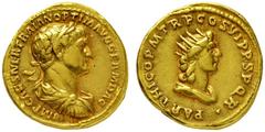 RÖMISCHE MÜNZEN RÖMISCHES KAISERREICH TRAIANUS. 98-117. Aureus. IMP CAES NER TRAIAN OPTIM AVG GERM DAC Belorbeerte, drapierte und gepanzerte Büste r. Rs: PARTHICO P M TR P COS VI P P S P Q R Drapierte