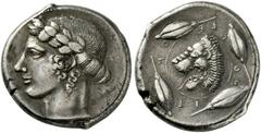 GRIECHISCHE MÜNZEN, SIZILIEN, LEONTINOI. Tetradrachme. 450-440. Belorbeerter Apollokopf l. Rs: LEONTINON Löwenkopf mit offenem Rachen l. in Linienkreis, von 4 Gerstenkörnern umgeben. SNG COP. 350. SNG