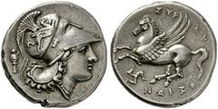 GRIECHISCHE MÜNZEN, SIZILIEN, SYRAKUS. Stater. 317-289. Zeit des Agathokles. Athenakopf mit korinthischem Helm r., darauf Greif. Beizeichen Tropaeum. Rs: _YPAKO_I_N Pegasos fliegt l. Beizeichen Triske