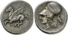 GRIECHISCHE MÜNZEN, GRIECHISCHES MUTTERLAND, KORINTH UND SEINE KOLONIEN, KORINTH. Stater. 4. Jh. v. Chr. Pegasos fliegt l., darunter Koppa. Rs: A P Athenakopf mit korinthischem Helm l., darauf Lorbeer