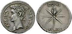 RÖMISCHE MÜNZEN, RÖMISCHES KAISERREICH AUGUSTUS. 27-14, Spanien (Colonia Caesaraugusta).Denar. 19/18. CAESAR AVGVSTVS Kopf mit Corona civica l. Rs: DIVVS IVLIVS Achtstrahliger Komet mit Schweif. C. 99