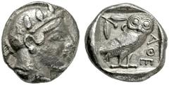 GRIECHISCHE MÜNZEN, GRIECHISCHES MUTTERLAND, ATTIKA, ATHEN. Tetradrachme. 479-ca. 450. Behelmter Athenakopf r. Rs: Eule r., dahinter Olivenzweig und Mondsichel. SNG COP. -. Svoronos Taf. 10. Starr Gr.