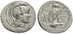 GRIECHISCHE MÜNZEN, GRIECHISCHES MUTTERLAND, ATTIKA, ATHEN. Tetradrachme. 168/167. Athenakopf mit attischem Helm r. Rs: Eule sitzt r. auf Amphora. Beizeichen Löwenfell über Keule und Bogen in Gorytos.