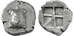 GRIECHISCHE MÜNZEN, GRIECHISCHES MUTTERLAND, AIGINA Stater. 456-404. Landschildkröte. Gegenstempel Tierkopf. Rs: Unregelmäßig geteiltes Quadratum incusum. SNG COP. 516 f. 12.40g, Vs. hohes Relief. ss-