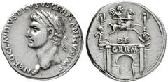 RÖMISCHE MÜNZEN, RÖMISCHES KAISERREICH NERO CLAUDIUS DRUSUS. BRUDER D.TIBERIUS. 14-, Geprägt unter Claudius.Denar. NERO CLAVDIVS DRVSVS GERMANICVS IMP Belorbeerter Kopf l. Rs: Triumphbogen mit Reiters