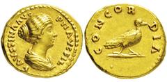 RÖMISCHE MÜNZEN, RÖMISCHES KAISERREICH FAUSTINA MINOR. GEMAHLIN D. M. AURELIUS 161-, Aureus. Geprägt unter Antoninus Pius. FAVSTINA AVG PII FIL Drapierte Büste r. Rs: CONCORDIA Taube steht r. C. 61. R