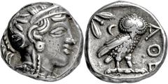 GRIECHISCHE MÜNZEN, GRIECHISCHES MUTTERLAND, ATTIKA, ATHEN. Tetradrachme. 479-404. Behelmter Athenakopf r. Rs: Eule r., dahinter Olivenzweig und Mondsichel. SNG COP. 32 ff. Svoronos Taf. 12-16. 17.12g