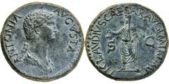 RÖMISCHE MÜNZEN, RÖMISCHES KAISERREICH ANTONIA. TOCHTER D. MARCUS ANTONIUS. 16-, Geprägt unter Claudius.Dupondius. ANTONIA AVGVSTA Drapierte Büste r. mit langem Zopf. Rs: TI CLAVDIVS CAESAR AVG P M TR
