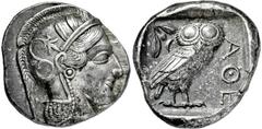 GRIECHISCHE MÜNZEN, GRIECHISCHES MUTTERLAND, ATTIKA, ATHEN. Tetradrachme. 479-404. Behelmter Athenakopf r. Rs: Eule r., dahinter Olivenzweig und Mondsichel. SNG COP. 32 ff. Svoronos Taf. 12-16. 17.16g