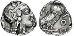 GRIECHISCHE MÜNZEN, GRIECHISCHES MUTTERLAND, ATTIKA, ATHEN. Tetradrachme. 479-404. Behelmter Athenakopf r. Rs: Eule r., dahinter Olivenzweig und Mondsichel. SNG COP. 32 ff. Svoronos Taf. 12-16. 17.15g