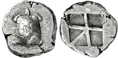 GRIECHISCHE MÜNZEN, GRIECHISCHES MUTTERLAND, AIGINA Stater. 456-404. Landschildkröte. Gegenstempel Tierkopf. Rs: Unregelmäßig geteiltes Quadratum incusum. SNG COP. 516 f. 12.40g, Vs. hohes Relief. Sch