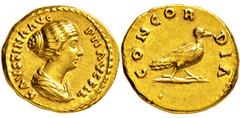 RÖMISCHE MÜNZEN, RÖMISCHES KAISERREICH FAUSTINA MINOR. GEMAHLIN D. M. AURELIUS 161-, Aureus. Geprägt unter Antoninus Pius. FAVSTINA AVG PII FIL Drapierte Büste r. Rs: CONCORDIA Taube steht r. C. 61. R