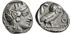 GRIECHISCHE MÜNZEN, GRIECHISCHES MUTTERLAND, ATTIKA, ATHEN. Tetradrachme. 479-404. Behelmter Athenakopf r. Rs: Eule r., dahinter Olivenzweig und Mondsichel. SNG COP. 32 ff. Svoronos Taf. 12-16. 16.89g
