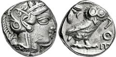 GRIECHISCHE MÜNZEN, GRIECHISCHES MUTTERLAND, ATTIKA, ATHEN. Tetradrachme. 479-404. Behelmter Athenakopf r. Rs: Eule r., dahinter Olivenzweig und Mondsichel. SNG COP. 32 ff. Svoronos Taf. 12-16. 17.13g