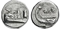 GRIECHISCHE MÜNZEN, ASIEN, LYKIEN, PHASELIS. Stater. Ca. 250-220. Prora r., im Aufbau frontales Gorgoneion. Beizeichen Zickade. Rs: Schiffsheck l., darunter Delphin. Heipp-Tamer -.10.27g, Schöne Tönun