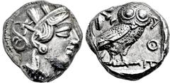 GRIECHISCHE MÜNZEN, GRIECHISCHES MUTTERLAND, ATTIKA, ATHEN. Tetradrachme. 479-404. Behelmter Athenakopf r. Rs: Eule r., dahinter Olivenzweig und Mondsichel. SNG COP. 32 ff. Svoronos Taf. 12-16. 17.19g