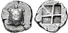 GRIECHISCHE MÜNZEN, GRIECHISCHES MUTTERLAND, AIGINA Stater. 456-404. Landschildkröte. Gegenstempel Tierkopf. Rs: Unregelmäßig geteiltes Quadratum incusum. SNG COP. 516 f. 12.40g, Vs. hohes Relief. Sch