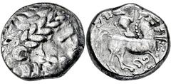 KELTEN, DONAUKELTEN, IMIT. D. TETRAD. PHILIPPOS II. Tetradrachme. Typ mit Triskeles. Barbarisierter belorbeerter Zeuskopf r. Rs: Reiter r., dahinter Mäandermuster. Unter dem Pferd Triskeles. OTA 434, 